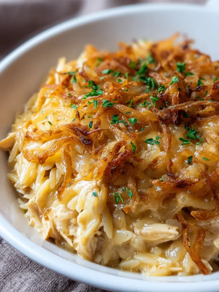 French Onion Chicken Orzo Casserole