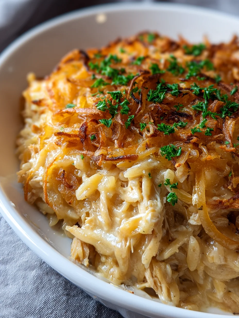 French Onion Chicken Orzo Casserole